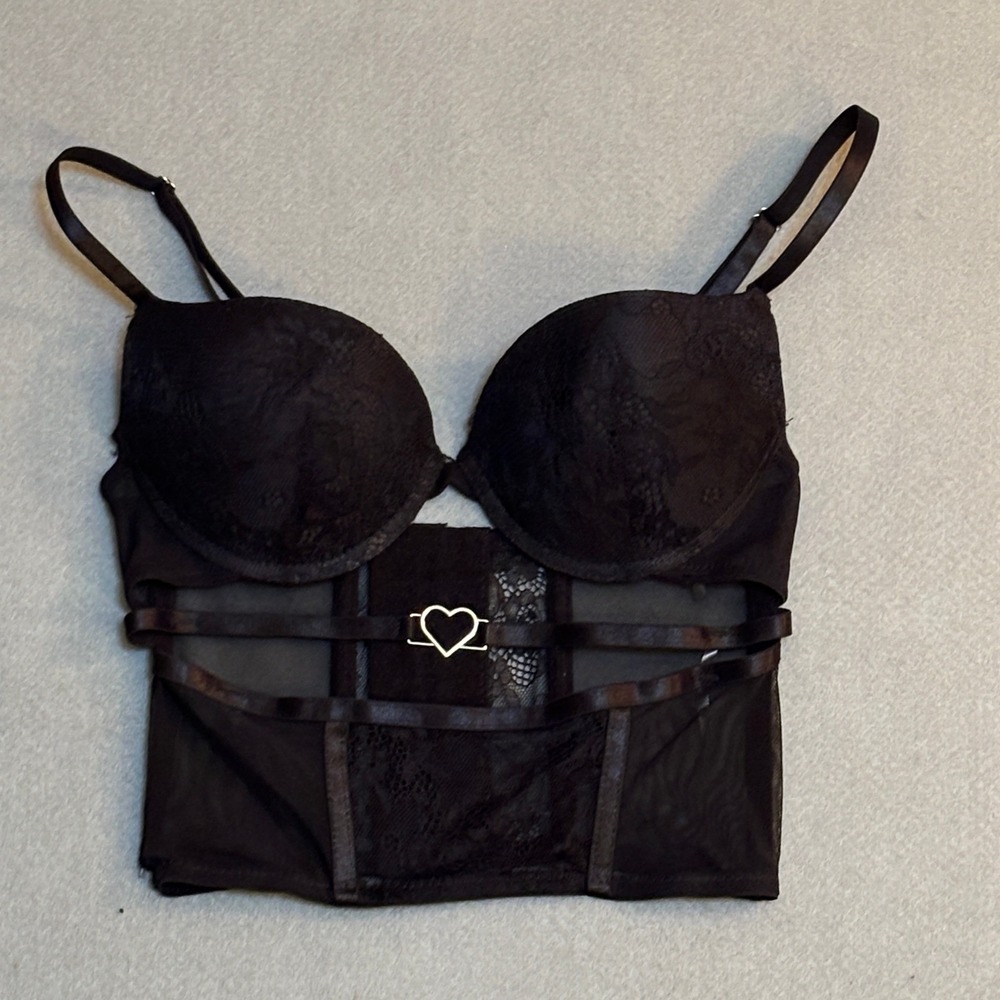 Whimsigoth‎ Black Lace Mesh Bustier Corset Strappy Underwire Camisole 22A/B Goth